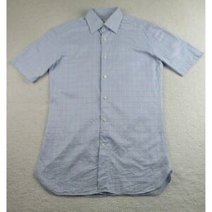 Ermenegildo Zegna Shirt Mens Medium Blue Check‎ Short Sleeve Button Up Dressy